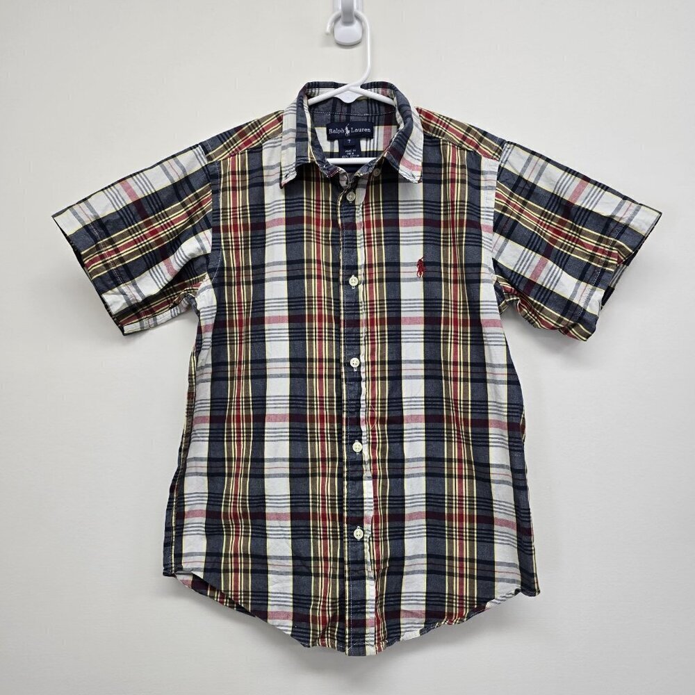 Ralph Lauren Boys Size 7 Short Sleeve Button Up Shirt Blue Red Yellow Plaid